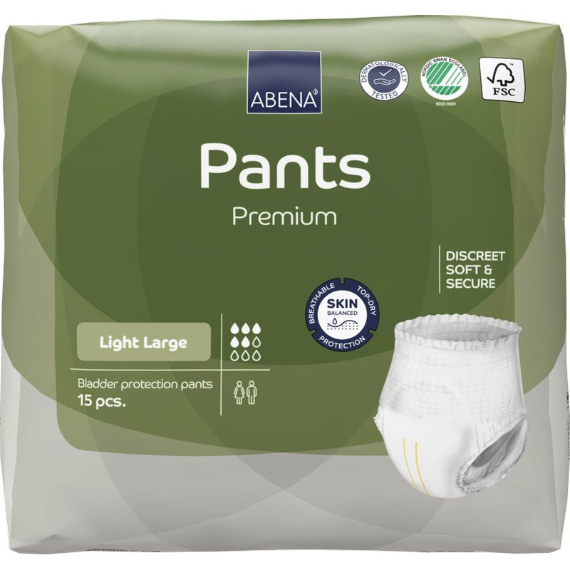 A 15-piece pack of ABENA Pants Light from Abena Re-Seller GmbH, large size, with green packaging for skin protection and a soft, secure fit - the ideal disposable pants for discreet bladder protection.