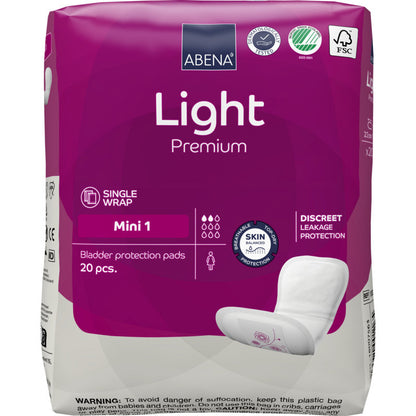 Eine Packung ABENA Light Mini 1, Premium von Abena Re-Seller GmbH enthält 20 Pads für leichte Inkontinenz. Die violette Packung verfügt über eine Einzelverpackung und einen diskreten Auslaufschutz mit klarer weißer Schrift und Symbolen.