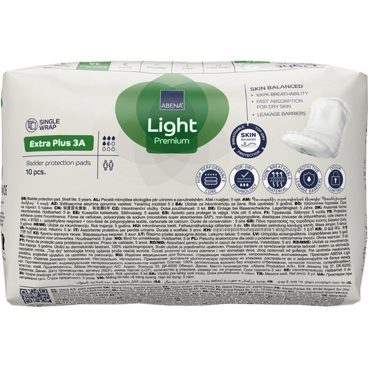 Eine Packung ABENA Light Extra Plus 3A, Premium (10 Paar) von Abena Re-Seller GmbH bietet atmungsaktive, schnell absorbierende Einlagen mit effektiver Auslaufsperre bei Blasenschwäche.