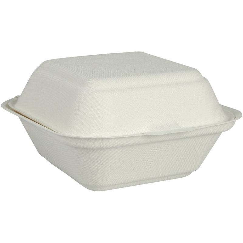 The Abena Re-Seller GmbH Burgerbox Bagasse, White is a closed, white, rectangular snack container with a hinged lid made from biodegradable and environmentally friendly packaging.