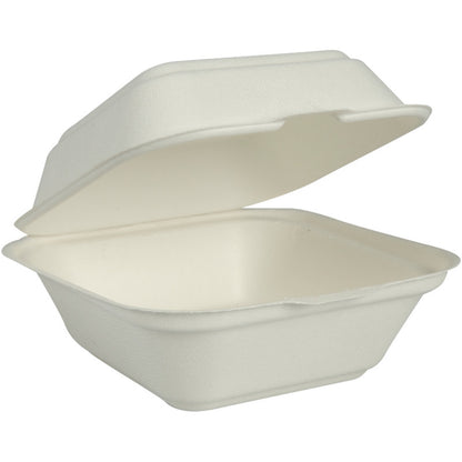 The Burgerbox Bagasse, White from Abena Re-Seller GmbH is a white, rectangular takeout container with a hinged lid, made from biodegradable molded fiber - an environmentally friendly packaging for your food.