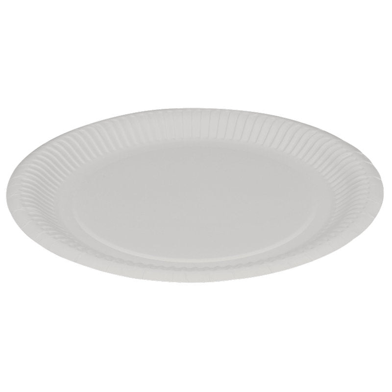 A paper plate, flat ø 23 cm in white by Abena Re-Seller GmbH (pack of 50 pieces), is shown against a white background - environmentally friendly and ideal for any occasion.
