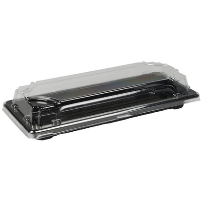 Das Sushi-to-go Kombi-Pack der Abena Re-Seller GmbH ist ein schwarzes Einweg-Sushi-Tablett aus Kunststoff mit einem durchsichtigen, aufgesetzten Deckel, der geschlossen und leer abgebildet ist - ideal für frisches Sushi oder zum Mitnehmen - und auf weißem Hintergrund abgebildet ist.