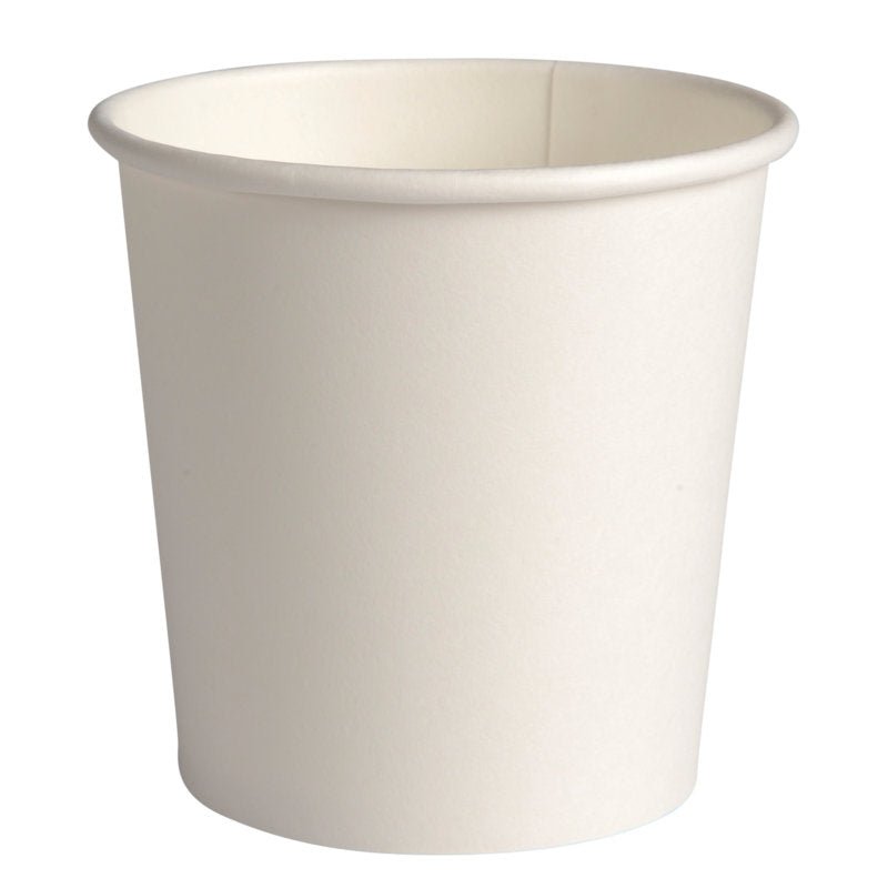 The image shows a plain white disposable coffee cup from Abena Re-Seller GmbH against a white background. The minimalist cup has a slightly flared rim without visible branding or markings.
