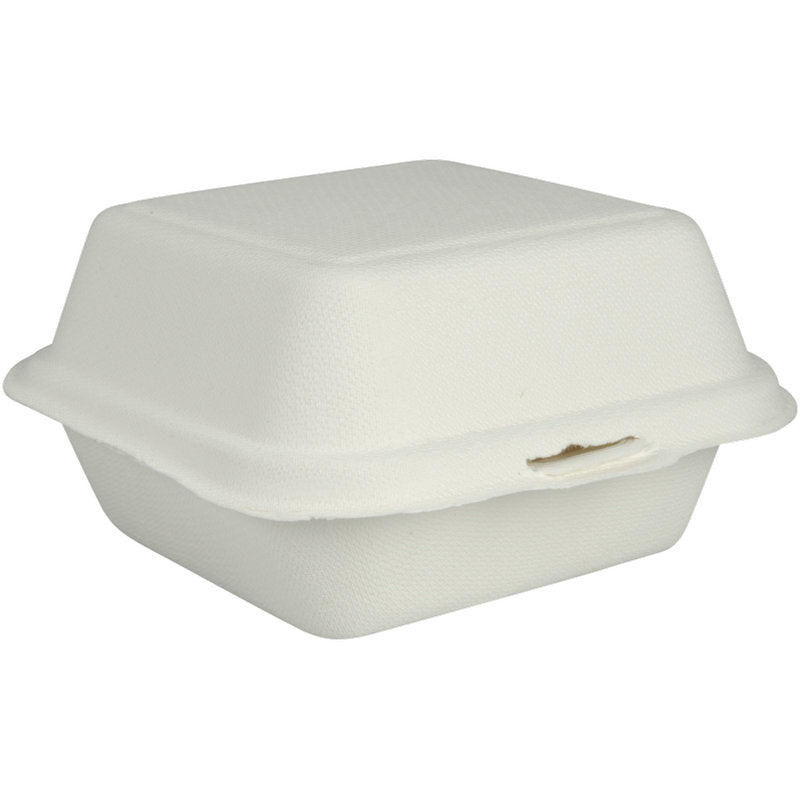 The Burgerbox Bagasse, White from Abena Re-Seller GmbH is a closed, white, rectangular takeout food container made from biodegradable material with a textured surface and front closure - perfect as an environmentally friendly packaging for your meals.