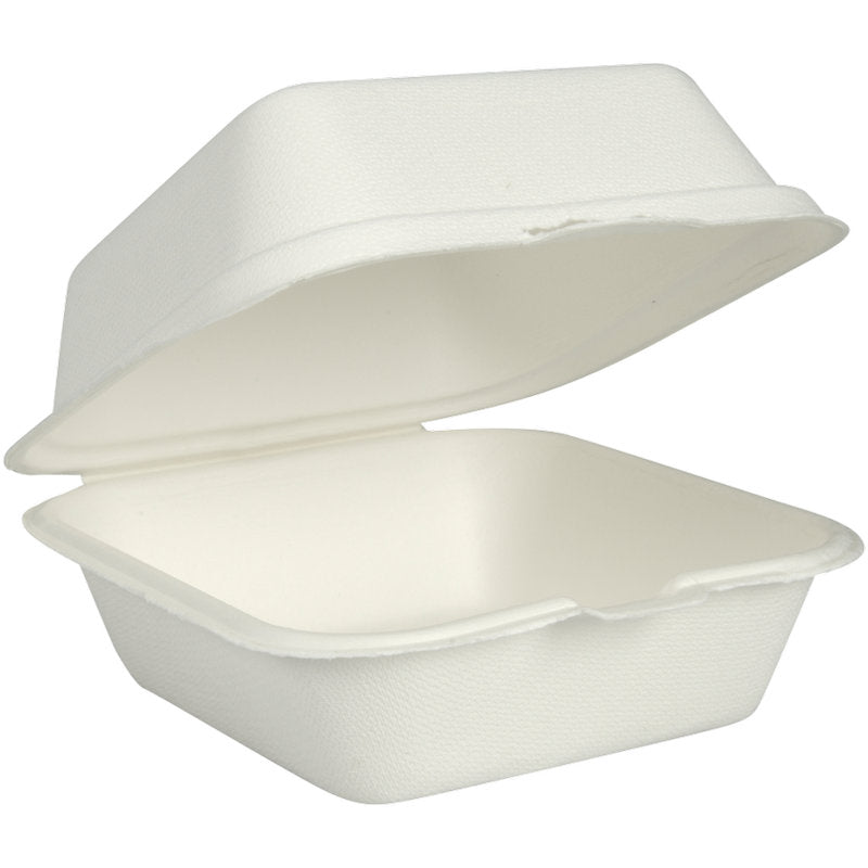 The Burgerbox Bagasse, White from Abena Re-Seller GmbH is a white, rectangular takeout container made from biodegradable molded fiber. Opened with a raised lid, the clean interior is ideal for environmentally friendly packaging.