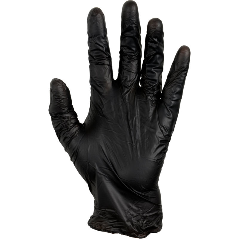 Eine rechte Hand, die einen Thor Black Vinyl, Vitrile Blend, puderfreien Handschuh der Abena Re-Seller GmbH mit gespreizten Fingern trägt, wird vor einem schlichten weißen Hintergrund gezeigt.