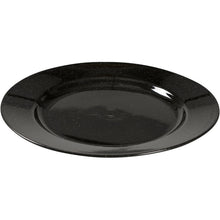 Der Mehrweg Teller, Schwarz von Abena Re-Seller GmbH ist ein runder, schwarz glänzender Teller mit dezent erhabenem Rand - eine umweltfreundliche Alternative für Ihren Tisch, dargestellt in schlichtem Design auf weißem Grund.