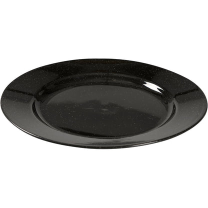 Der Mehrweg Teller, Schwarz von Abena Re-Seller GmbH ist ein runder, schwarz glänzender Teller mit dezent erhabenem Rand - eine umweltfreundliche Alternative für Ihren Tisch, dargestellt in schlichtem Design auf weißem Grund.