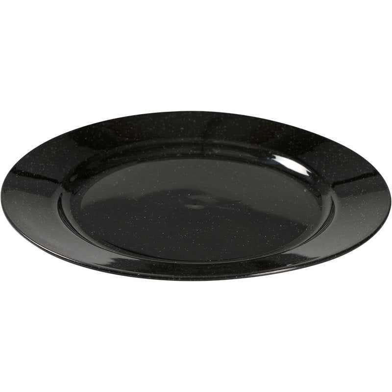 Der Abena Re-Seller GmbH Mehrweg Teller, Schwarz zeichnet sich durch eine glänzende, schwarz gesprenkelte Oberfläche und ein rundes Design aus - eine umweltfreundliche Alternative für stilvolles Tafeln, dargestellt auf weißem Hintergrund.