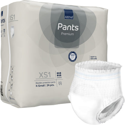 Abgebildet ist eine Packung mit 24 ABENA Pants XS1, Premium von Abena Re-Seller GmbH (Größe X-Small, Pull-up-Windeln für Erwachsene), wobei eine weiße Windel außerhalb der Verpackung mit Produktangaben und Symbolen versehen ist.