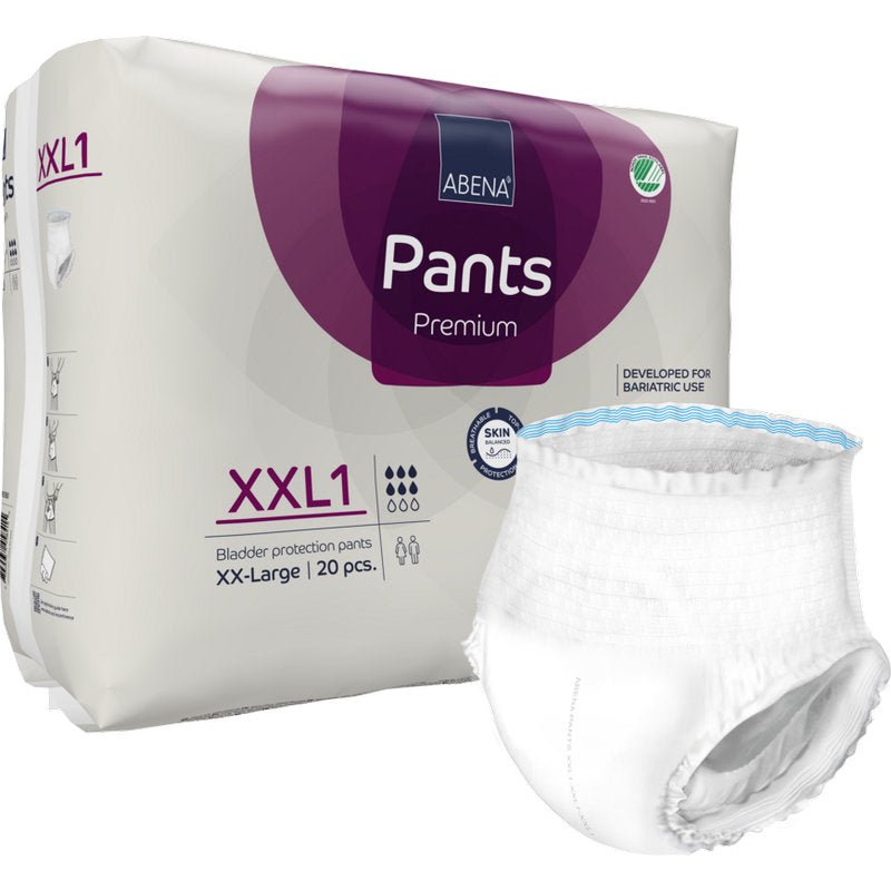 A pack of ABENA Pants XXL1, Premium from Abena Re-Seller GmbH (20 pieces), disposable pants for adults, size XXL1, ideal for incontinence and bariatric needs. A white diaper is unfolded in front of the pack.