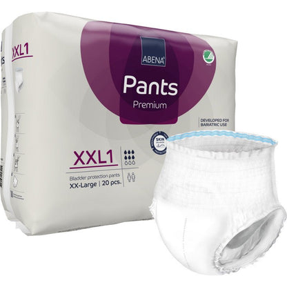 A pack of ABENA Pants XXL1, Premium from Abena Re-Seller GmbH (20 pieces), disposable pants for adults, size XXL1, ideal for incontinence and bariatric needs. A white diaper is unfolded in front of the pack.