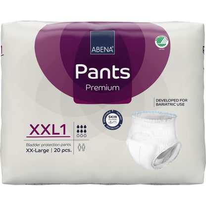 A 20-pack of ABENA Pants XXL1, Premium from Abena Re-Seller GmbH, offers high-quality incontinence protection in XXL size for bariatric use. The mostly white and purple packaging shows a single pair of pants on the right side.