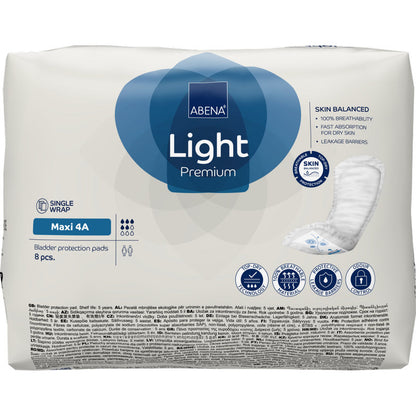 Die ABENA Light Maxi 4A, Premium | Packung (8 Stück) von Abena Re-Seller GmbH bietet atmungsaktive, schnell saugende Inkontinenzeinlagen mit Auslaufsperre und zertifizierter Qualität. Enthält 8 Einlagen pro Packung.