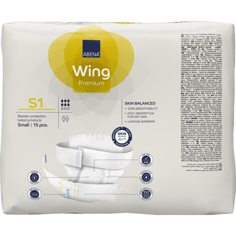 Eine Packung ABENA Wing Premium von Abena Re-Seller GmbH, Größe S1 (15 Stück). Weiße und gelbe Verpackungen betonen das Gleichgewicht der Haut, schnelle Absorption, zuverlässige Auslaufsperren für Schutz und Komfort.