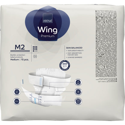 Ein Paket ABENA Wing Premium von Abena Re-Seller GmbH, mittlere Größe, enthält 15 Slips und bietet Atmungsaktivität, schnelle Absorption, Auslaufsperren für Schutz und Komfort.