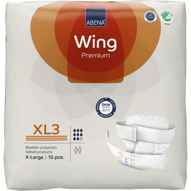 Eine Packung mit 15 ABENA Wing Premium von Abena Re-Seller GmbH, mit einem weißen Windelbild für Erwachsene in der Größe X-Large und hoher Saugfähigkeit für ultimativen Inkontinenzschutz.