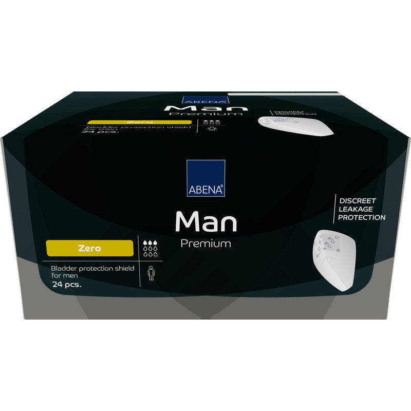 ABENA Man Zero, Premium | Packung (24 Stück) von Abena Re-Seller GmbH bietet diskreten Schutz mit "Zero" Saugstärke. Die elegante schwarze Verpackung enthält 24 Stück für zuverlässigen, unauffälligen Schutz bei leichter Blasenschwäche.