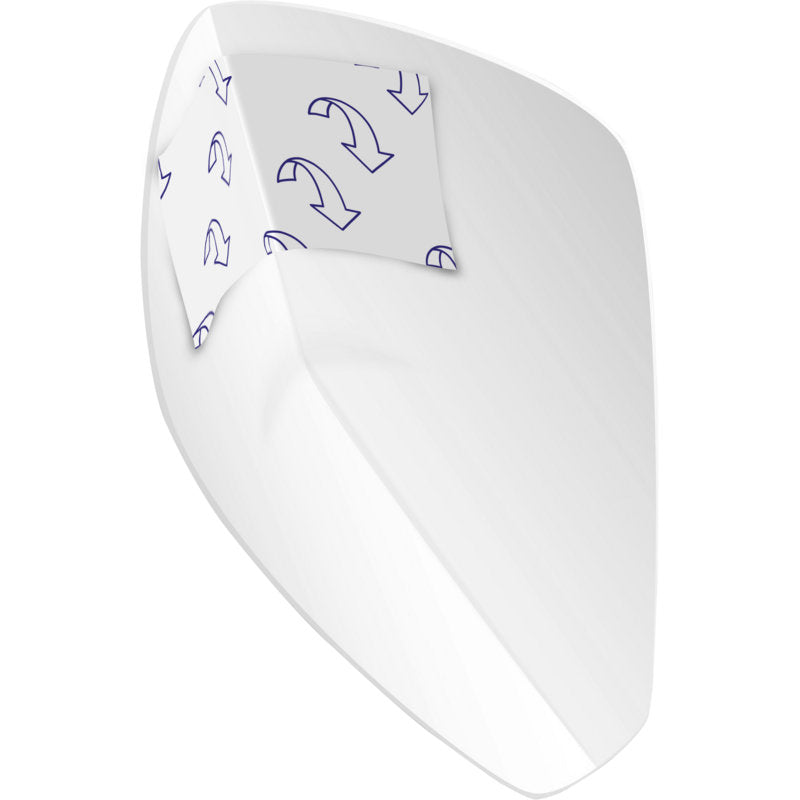 Eine weiße Klebefolie in Form von Autospiegeln, mit abziehbarer Rückseite und Pfeilsymbolen zum einfachen Entfernen - ähnlich dem diskreten Schutz von ABENA Man Zero, Premium von Abena Re-Seller GmbH (Packung mit 24 Stück).