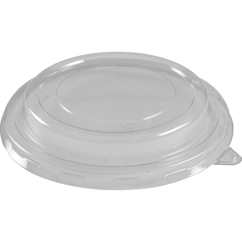 Ein transparenter, runder RPET Deckel für Schale (ø14,5 cm) von Abena Re-Seller GmbH mit erhabener Mitte und kleiner Lasche, abgebildet auf weißem Hintergrund. Packung mit 50 Stück.