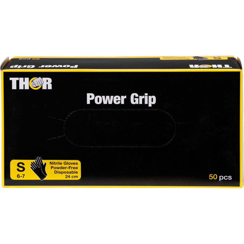 Eine schwarze Schachtel mit der Aufschrift "Thor Power Grip, Schwarz" der Abena Re-Seller GmbH enthält 50 kleinformatige, puderfreie Einmalhandschuhe aus Nitril zum Krafttraining oder Gewichtheben. Ein gelbes Etikett auf der Vorderseite zeigt Größe S und 24 cm Handschuhlänge an.