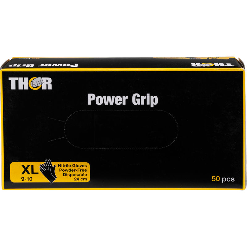 Eine schwarz-gelbe Schachtel Thor Power Grip, Schwarz Nitrilhandschuhe von Abena Re-Seller GmbH, Größe XL (9-10), puderfrei, Einweg, 24 cm lang, 50 Stück pro Schachtel. Mit Produktinfo und Handschuhabbildung auf der Vorderseite; ideal für Krafttraining.