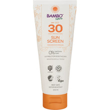 Eine 200ml Tube Bambo Nature Sonnencreme LSF30 von Abena Re-Seller GmbH - farb- und parfümfrei, hoher Schutz für empfindliche Haut, dermatologisch getestet, vegan, riffsicher und wasserfest. Verkauft in Kartons mit 6 Stück.