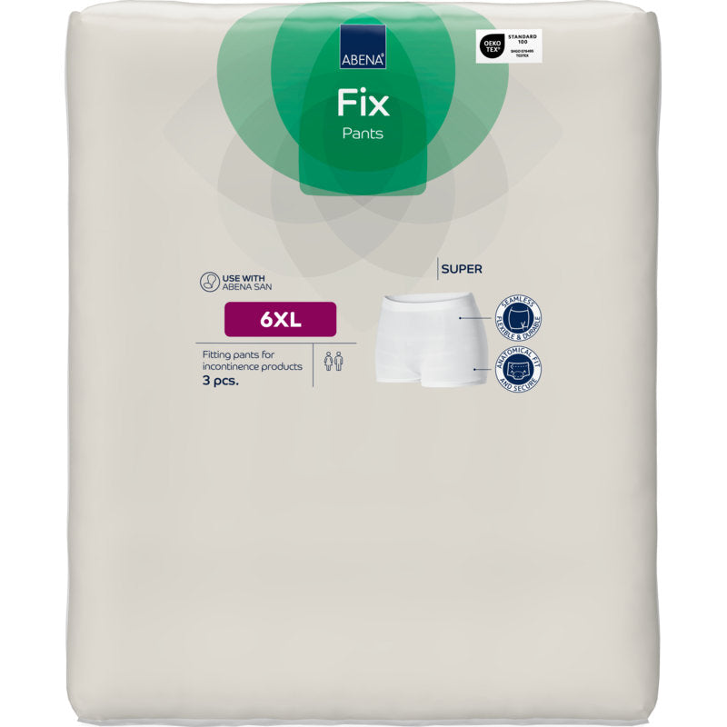 Eine weiße Verpackung der Abena Re-Seller GmbH Fixierhosen ABENA Fix Pants, Super, Größe 6XL (3 Stück), zeigt Produktinfos, ein Hosendiagramm und eine Anwendungsempfehlung für Inkontinenzprodukte.
