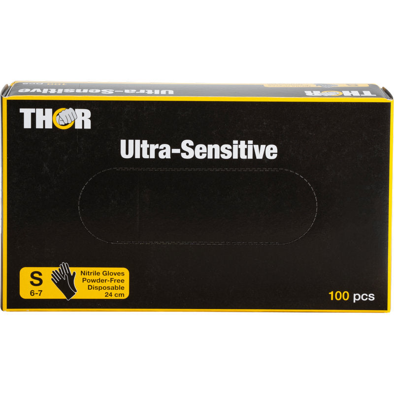 Eine schwarze Schachtel mit der Aufschrift "Thor Ultra Sensitive, Nitril-Handschuh, Schwarz" der Abena Re-Seller GmbH enthält 100 kleine (6-7) Nitrilhandschuhe mit gelben Akzenten und einer Handschuhgrafik in der unteren linken Ecke.