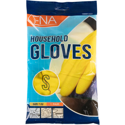 A plastic packaging with the label "ENA Household, Household Latex Gloves, Yellow" from Abena Re-Seller GmbH shows yellow gloves of size S (1 pair) on a blue background with an orange-white cleaning graphic.