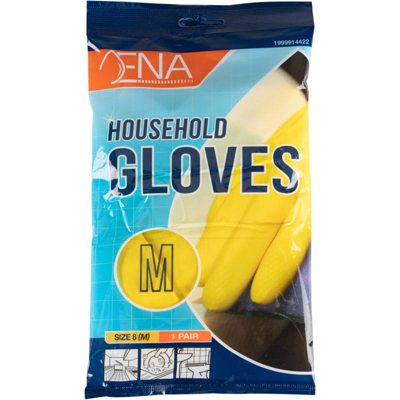 A pack of ENA Household latex household gloves from Abena Re-Seller GmbH in yellow, size M, contains one pair. The blue-orange packaging shows texts and diagrams for cleaning and various household tasks.