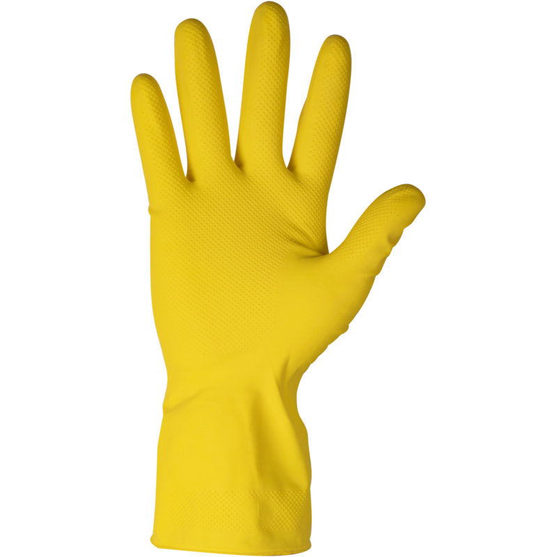 A single yellow ENA Household latex household glove from Abena Re-Seller GmbH is depicted with the palm facing forward and fingers extended, typically used for cleaning or household tasks.