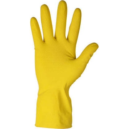 A single yellow ENA Household latex household glove from Abena Re-Seller GmbH is depicted with the palm facing forward and fingers extended, typically used for cleaning or household tasks.
