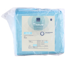 Eine durchsichtige Kunststoffverpackung enthält 25 blaue Abena Re-Seller GmbH Einweg-Unterlage, 8-lagig Tissue, 60x90 cm. Das Etikett hebt die wasserfesten und hygienischen Eigenschaften hervor und bietet detaillierte Angaben.