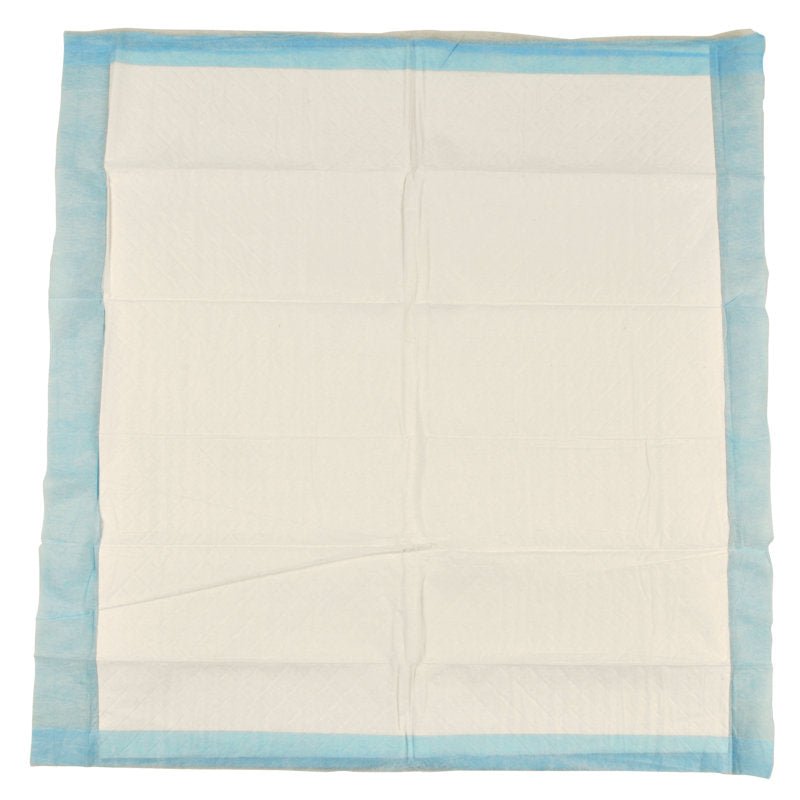 A 6-ply, 60x60 cm ABENA Tissue disposable pad from Abena Re-Seller GmbH, with a blue border and white center, is shown lying flat and has visible creases; it is sold in packs of 25.