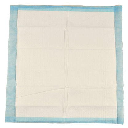A 6-ply, 60x60 cm ABENA Tissue disposable pad from Abena Re-Seller GmbH, with a blue border and white center, is shown lying flat and has visible creases; it is sold in packs of 25.