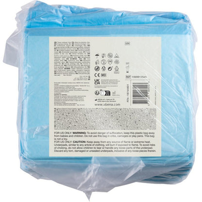 A transparent plastic package from Abena Re-Seller GmbH contains 25 blue, 6-ply ABENA Tissue disposable pads, 60x60 cm. The back label displays product information, symbols, a barcode, and multilingual warnings.
