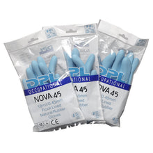 Ausgestellt sind drei Packungen Abena Re-Seller GmbH Haushaltshandschuhe Latex, Blau. Jede Packung enthält ein Paar beflockte Naturkautschukhandschuhe in Klarsichtverpackung - ideal als Reinigungshandschuhe für verschiedene Aufgaben.