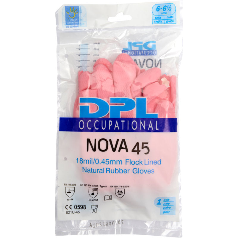 A transparent plastic packaging contains pink Abena Re-Seller GmbH household latex gloves, with certification symbols and size 6-6½.