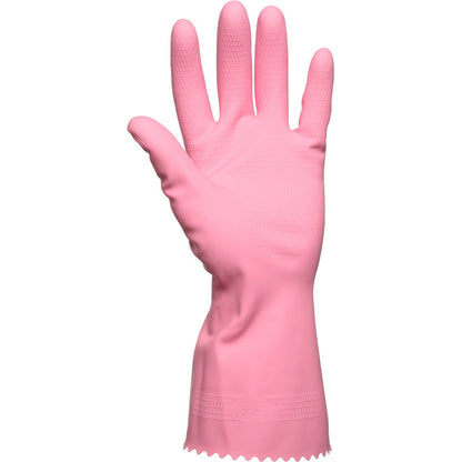 A single Abena Re-Seller GmbH household latex glove, pink, is depicted standing upright with the palm facing forward. It has a textured surface on the fingers and palm and a ribbed cuff at the wrist.