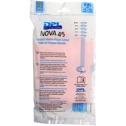 A transparent plastic packaging labeled "Household Latex Gloves, Pink" from Abena Re-Seller GmbH contains pink latex gloves with flock lining. The front of the packaging shows product details, size information, and branding.