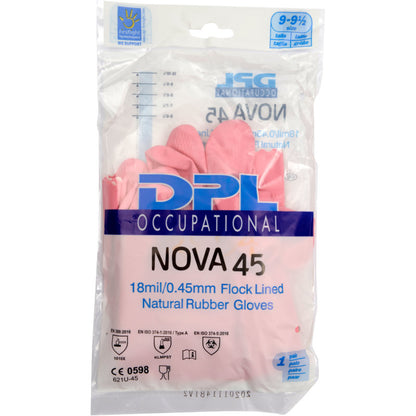 A transparent plastic packaging contains pink Abena Re-Seller GmbH household latex gloves, flocked with 18mil/0.45mm, with various certification symbols on the front.