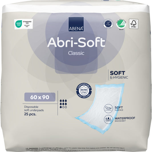Eine Packung mit 25 Abena Re-Seller GmbH Einweg-Unterlage Abri-Soft Classic 60x90 cm, blau. Merkmale sind Weichheit, Hygiene, atmungsaktives Material und wasserdichte Unterseite.