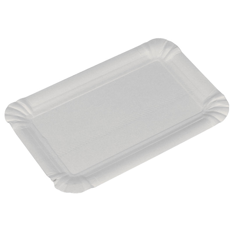 Abgebildet ist ein rechteckiger, weißer Abena Re-Seller GmbH Pappteller (10,5x16,5 cm) mit geriffelten Kanten aus einer 250er-Packung auf einfarbig weißem Hintergrund.