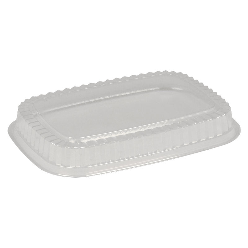 A transparent, rectangular plastic lid (lid for Item No. 5966, 18 x 24.58 x 3.2 cm) from Abena Re-Seller GmbH, pack of 250, with raised edges and a ribbed design, shown on a white background.