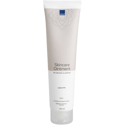 Eine beige-weiße 150 ml Tube Abena Re-Seller GmbH Hautpflegesalbe, Karton (12 Packungen), zeichnet sich durch natürliche Inhaltsstoffe, keine Farbstoffe oder Parfüm, 41% Lipide, vegane Formel, dermatologisch getestet für trockene Haut aus.