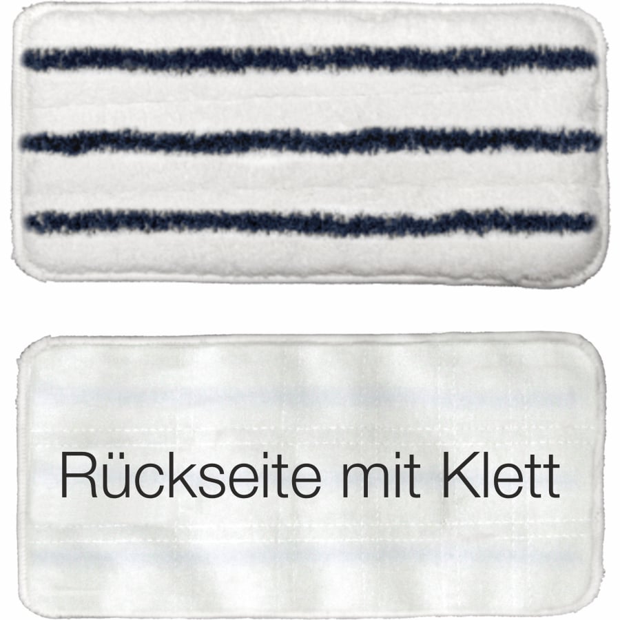 Abgebildet sind zwei rechteckige Arcora-Handpads (27x13 cm). Die Oberseite ist weiß mit drei blauen Streifen, die Unterseite trägt die Aufschrift "Rückseite mit Klett" in schwarz und zeigt ihre Klettrückseite. Marke: Arcora International GmbH.