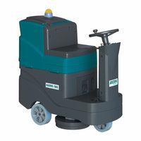 The Arcora Ro-Man 660Br/90L ride-on scrubber-dryer from Arcora International GmbH is ideal for cleaning large areas and features a steering wheel, a control panel, and visible wheels in teal and dark gray.