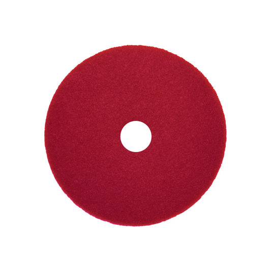Der Arcora Sunshine Strong Plus No1 / Rot von Arcora International GmbH ist ein roter, runder Bodenpuffer mit Mittelloch, ideal für die starke Reinigung von Oberflächen. Karton enthält 10 Stück. Abgebildet vor weißem Hintergrund.